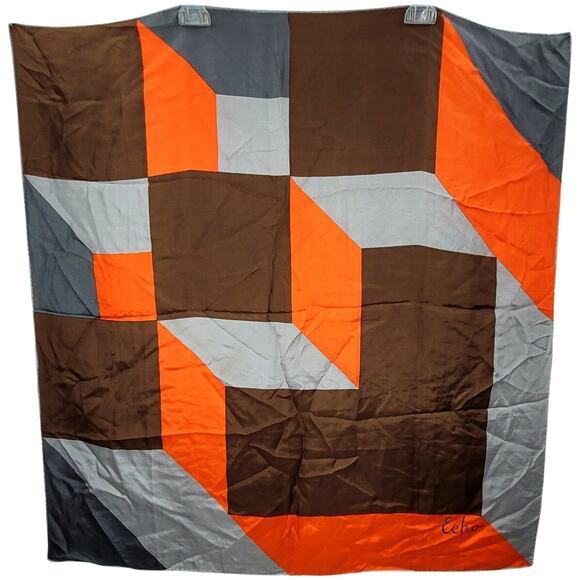 Vintage Echo Geometric Silk Square Scarf in Orange Brown Gray Chic Accent - Picture 1 of 7